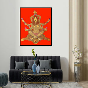 'Yogni (Divine Multi-Armed Goddess)' painting by Bandana Kumari shown on a wall in a furnished room.