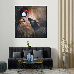 Arabinda Samanta's 'Yugabatar' painting visualized above a sofa in a contemporary room.