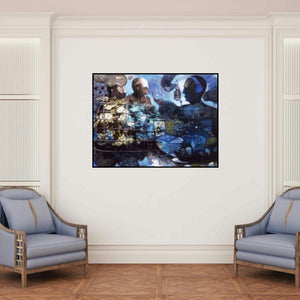 'Yuth 1 (Ensnared)' painting by Sanjay Sahani shown on a wall in a furnished room.
