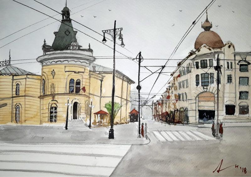 Cityscape watercolor painting titled 'Zagreb', 8x11 inches, by artist Arunava Ray on Paper