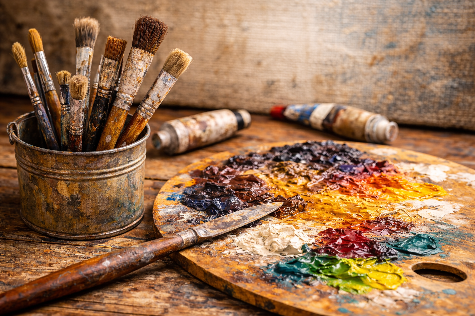Real artist palette, brushes and oil paints