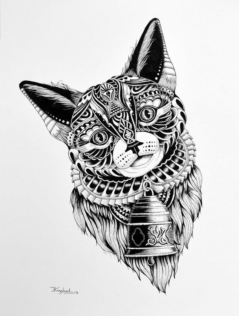 Cat 2 (Cat with Bell) by Kushal Kumar, Original Pen Animal Drawing on Paper, Small Vertical Wall Art