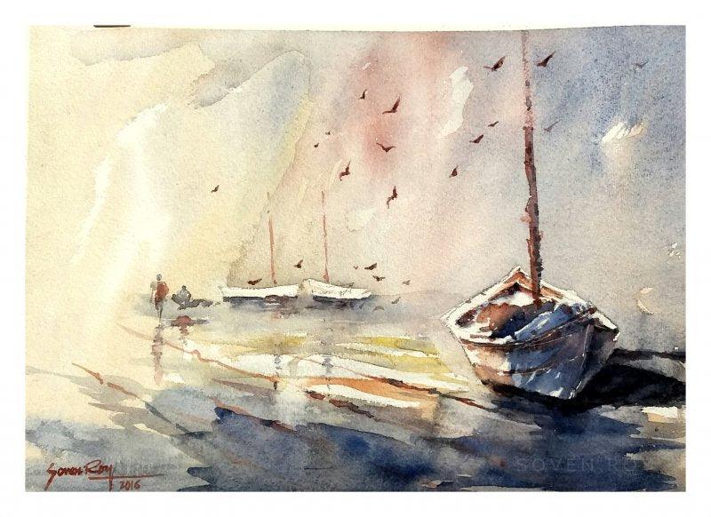 Fishing Boat by Soven Roy, Original Watercolor Landscape Painting on Paper, X-Small Horizontal Wall Art