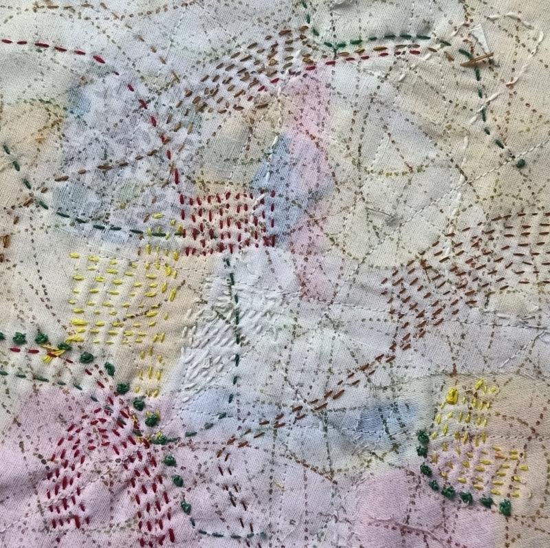 Forestis Silvia 1 by Bharti Dixit, textile artwork with layered pale fabric and colourful hand stitching