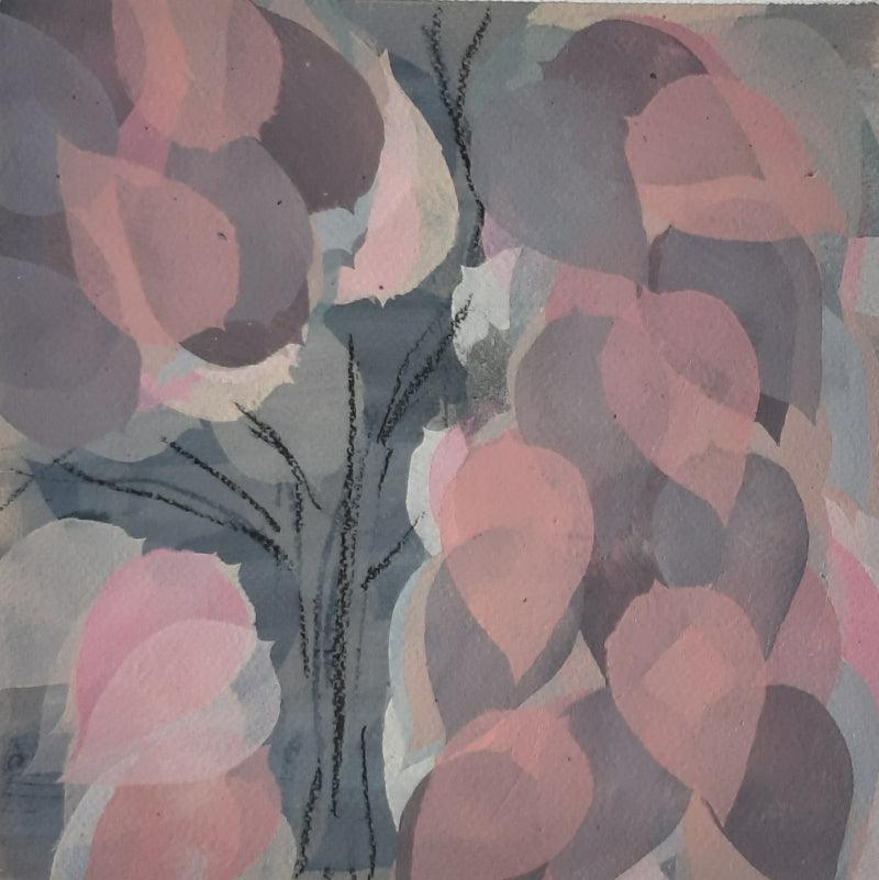 Soft pink and mauve foliage painting with muted blue-grey passages