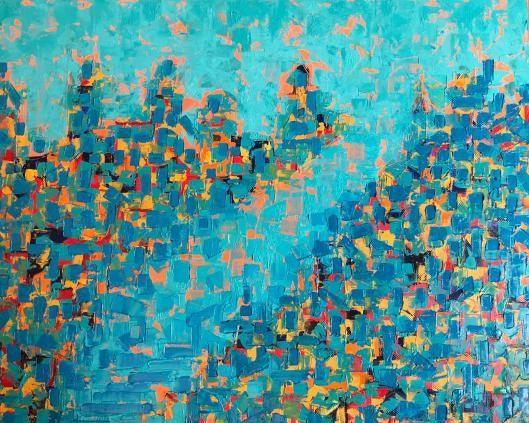 Turquoise abstract painting with layered colourful geometric marks