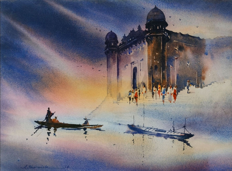 Banaras Ghat by Ajoy Bhowmick, Original Watercolor Religious Painting on Paper, X-Small Horizontal Wall Art