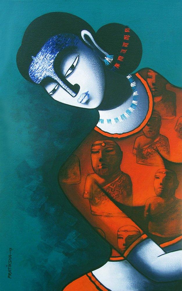 Figurative portrait with a deep teal background and warm red garment