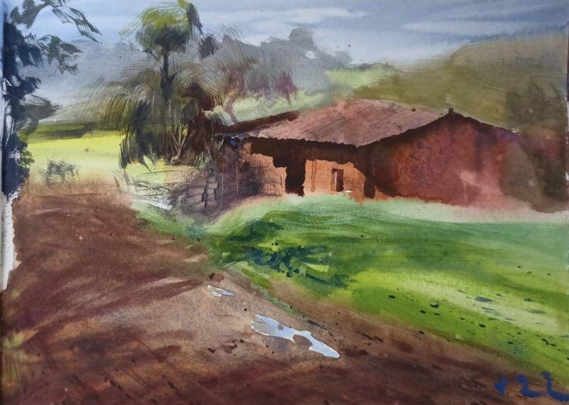 Cool Shade (Monsoon Retreat) by Ajit Raut, Original Watercolor Landscape Painting on Paper, X-Small Horizontal Wall Art