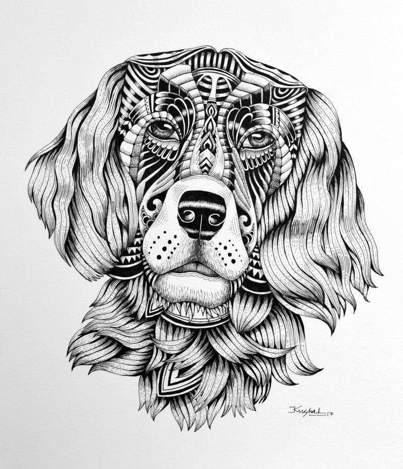 Dog (Ornate Dog) by Kushal Kumar, Original Pen Animal Drawing on Paper, Small Vertical Wall Art