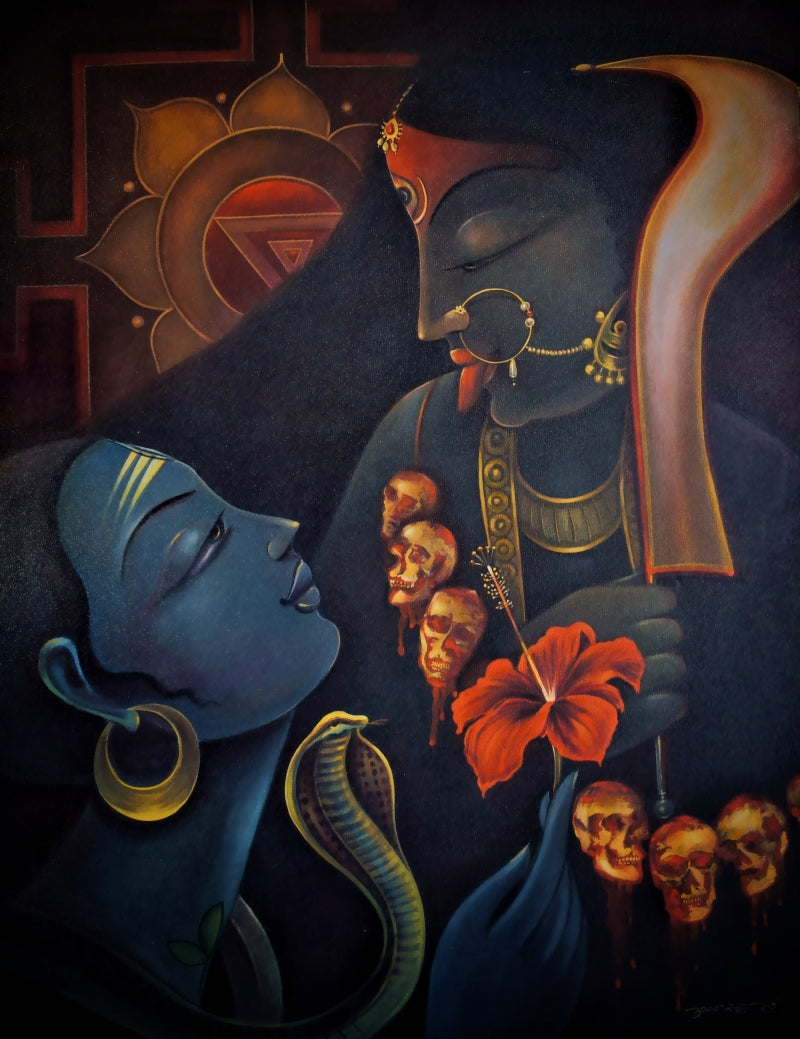 Kali by Sumon Naskar, Original Acrylic Religious Painting on Canvas, Large Vertical Wall Art