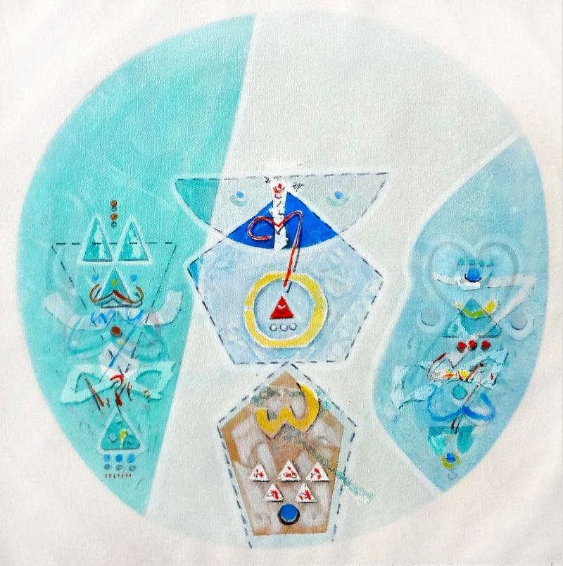 Abstract symbolic composition in pale aqua and white