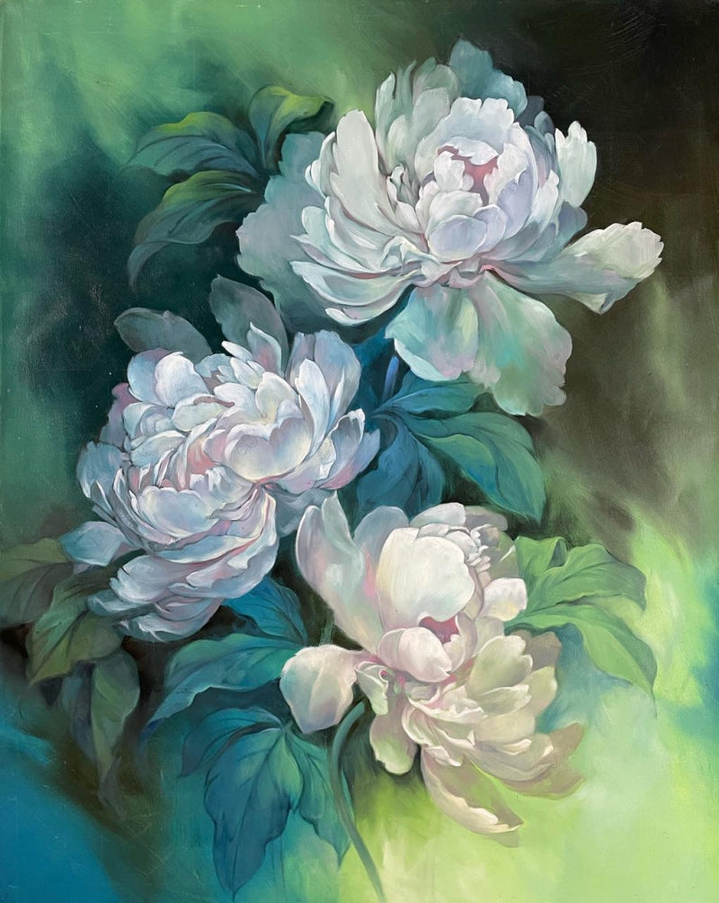 Ivory peonies with delicate pink shadows against a green background