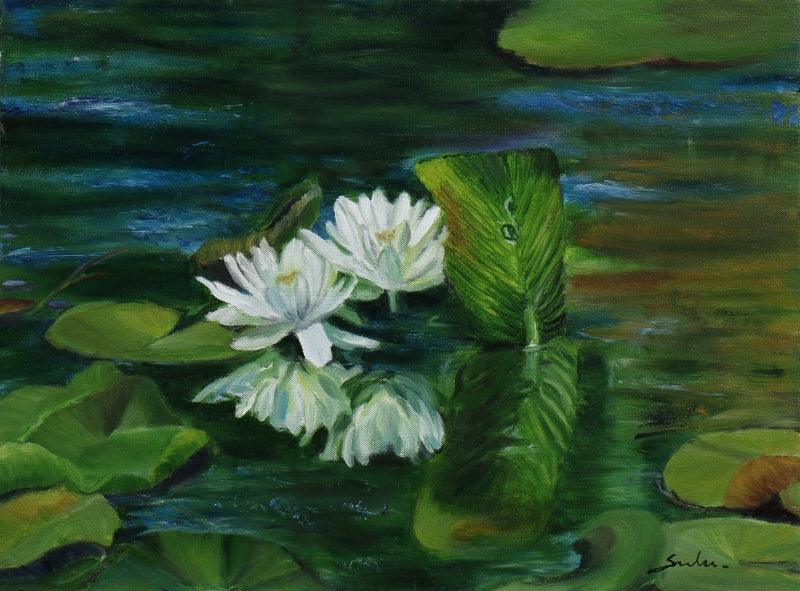 Water Lily 15 (Water Lily Reflections) by Sulakshana Dharmadhikari, Original Oil Nature Painting on Canvas
