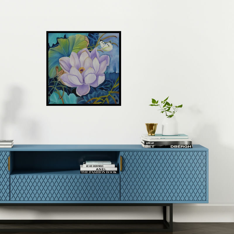 Preview of 'Flower With Butterfly (Delicate Dance)' Painting by Sulakshana Dharmadhikari shown on a wall in a furnished room.