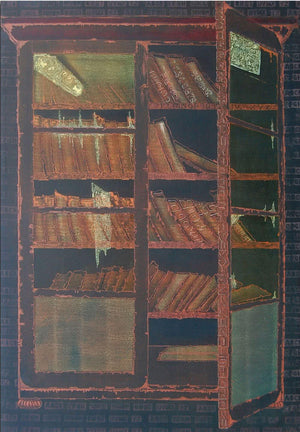 1 Books Cupboard by Rama Reddy, Original Oil Lifestyle Painting on Canvas, X-Large Vertical Wall Art