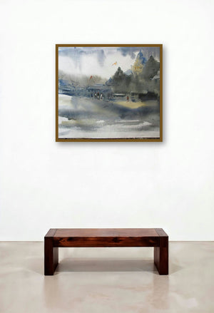 11111 131 (Spiritual Skyline) by artist Prafulla Taywade displayed in a Mid-Century Modern Hotel Lobby