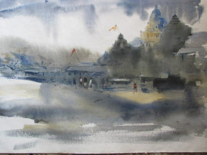 11111 131 (Spiritual Skyline) by Prafulla Taywade, Original Watercolor Landscape Painting on Cold Pressed Paper, Small Horizontal Wall Art