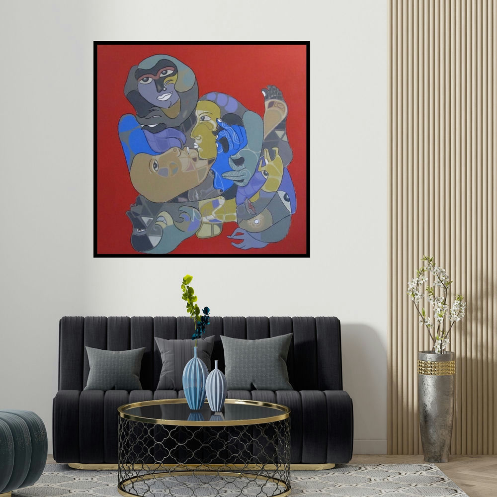 Shambhu Prasad Reddy Kolli's '125' painting visualized above a sofa in a contemporary room.