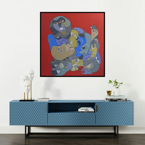 '125' painting by Shambhu Prasad Reddy Kolli shown on a wall in a furnished room.