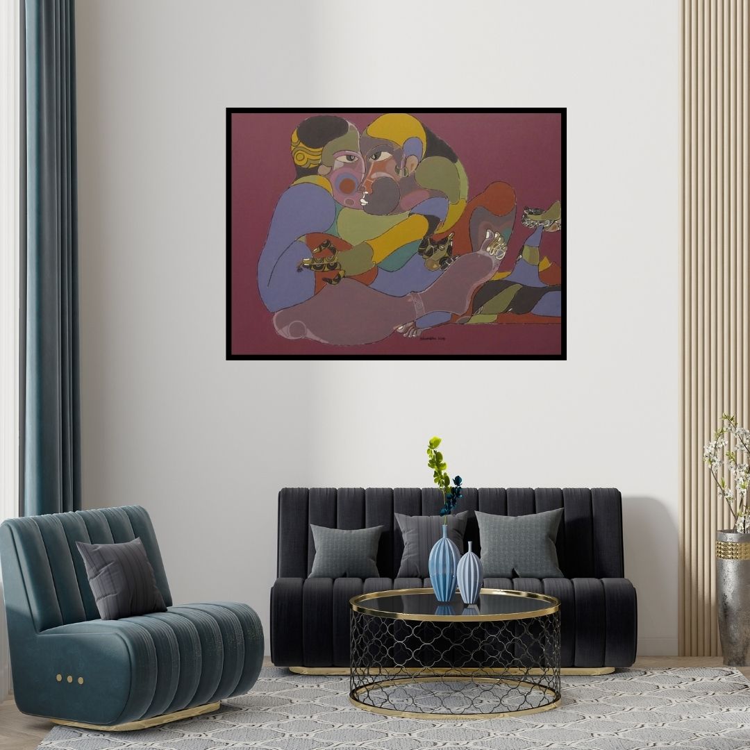 Preview of '129 (Embrace)' Painting by Shambhu Prasad Reddy Kolli shown on a wall in a furnished room.