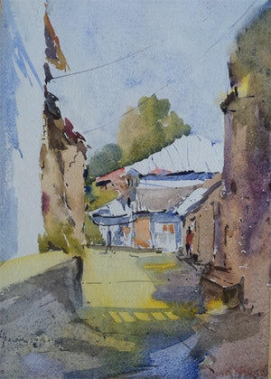 13 (Misty Morning) by Ghanshyam Dongarwar, Original Watercolor Cityscape Painting on Paper, Small Vertical Wall Art