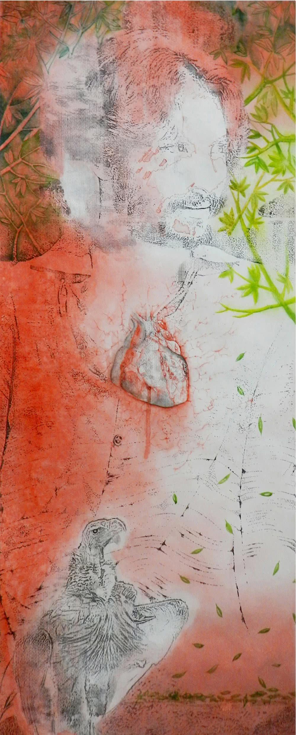 Figurative mixed media painting titled '15 Self Nature', 30x18 inches, by artist RAMA REDDY on Paper