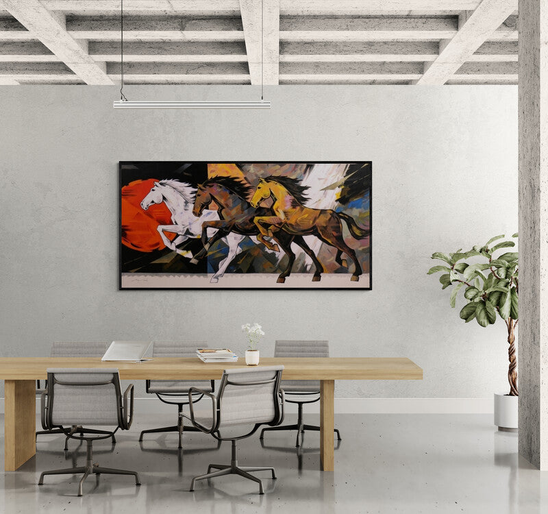 In-situ view of Devidas Dharmadhikari's 'Horse Series 184 (Red Acrylic Painting)' painting in a room