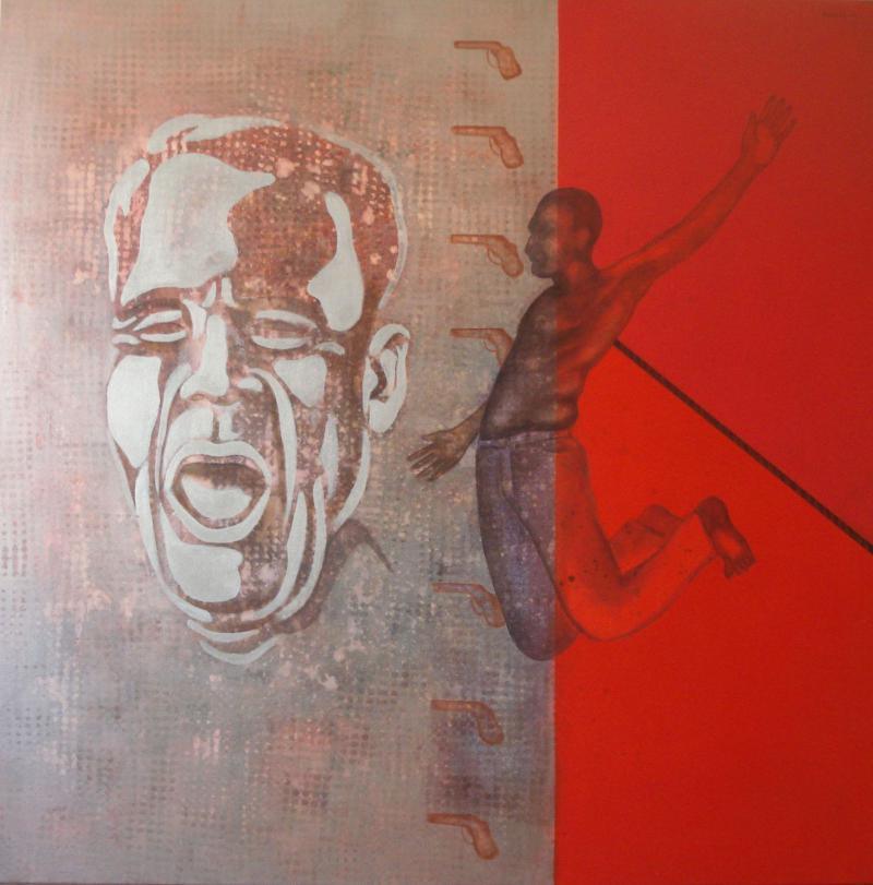 Figurative acrylic painting titled '19 kick out', 60x60 inches, by artist Satish Kale on Canvas