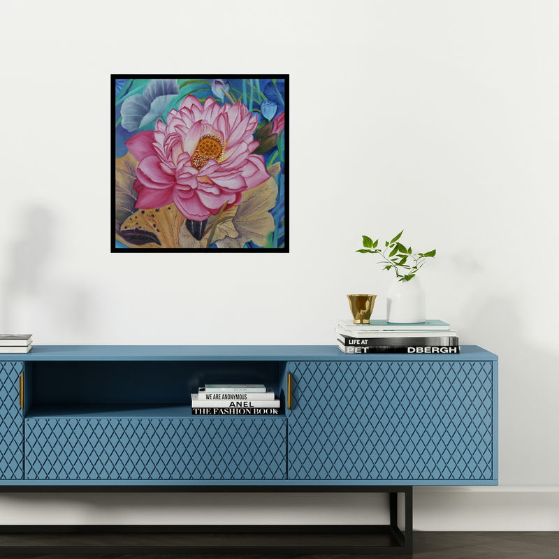 Preview of 'Pink Lotus (Pink Lotus Symphony)' Painting by Sulakshana Dharmadhikari shown on a wall in a furnished room.