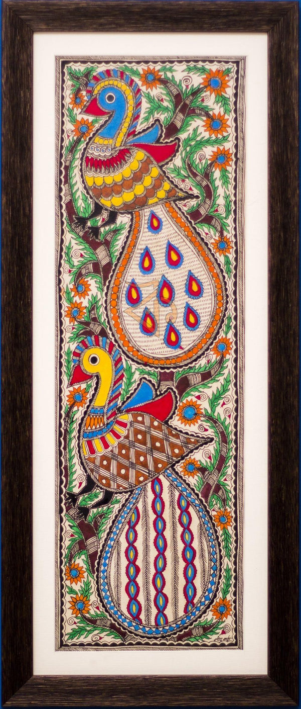2 Peacocks Madhubani Painting Traditional Art by Kalaviti Arts | ArtZolo.com