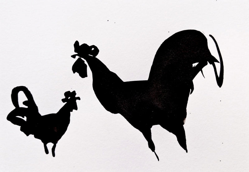 2 Roosters' animals ink drawing by artist Ashok Hinge, 6x8 inch, on paper