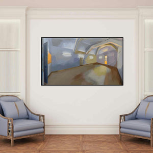 '2 States Of My Studio (Empty Room)' painting by Apurba Salui shown on a wall in a furnished room.