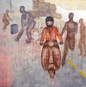 21 Sunday Afternoon At Mumbai (Urban Motion) by Satish Kale, Original Acrylic Figurative Painting on Canvas, X-Large Square Wall Art