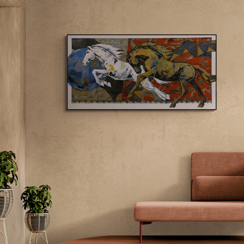 In-situ view of Devidas Dharmadhikari's 'Horse Series 210' painting in a room