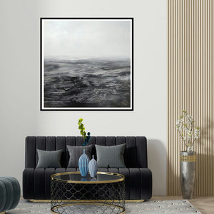 Manish Sharma's '3 (The Weight of Time)' painting visualized above a sofa in a contemporary room.