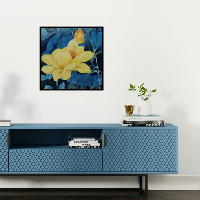 Preview of 'Yellow Flower (Radiant Lotus)' Painting by Sulakshana Dharmadhikari shown on a wall in a furnished room.