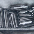 Still-life charcoal drawing titled '3 Books On Rack', 30x24 inches, by artist RAMA REDDY on Paper