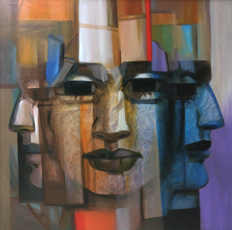 3 Heads' figurative acrylic painting by artist Vishnu Sonavane, 52x52 inch, on canvas