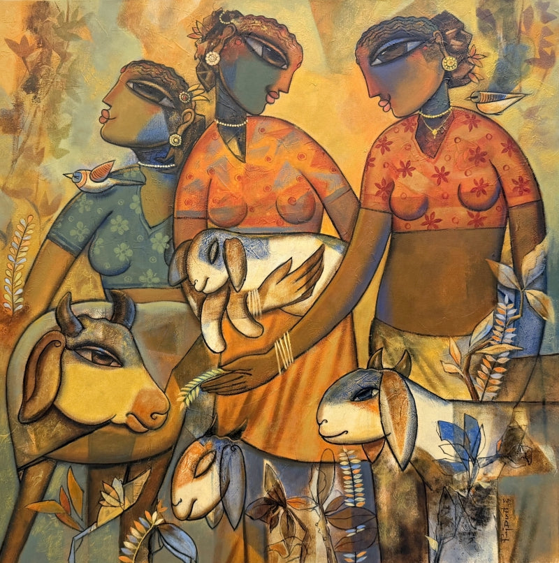 3 Sisters' figurative acrylic painting by artist Rajendra Dixit, 32x32 inch, on canvas