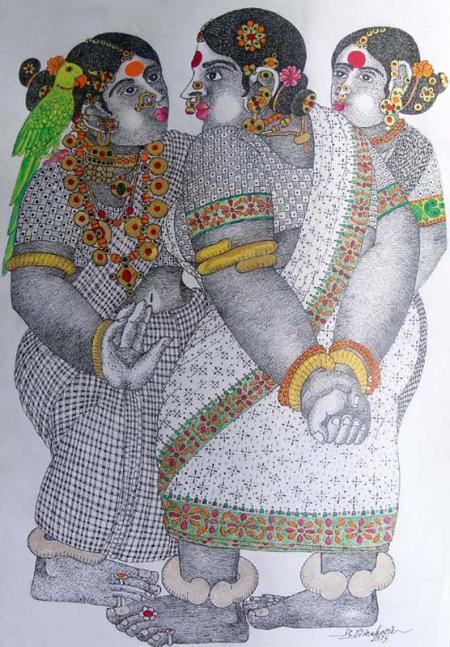 Figurative acrylic painting titled '3Women With Parrot 2', 15x23 inches, by artist Bhawandla Narahari on Paper