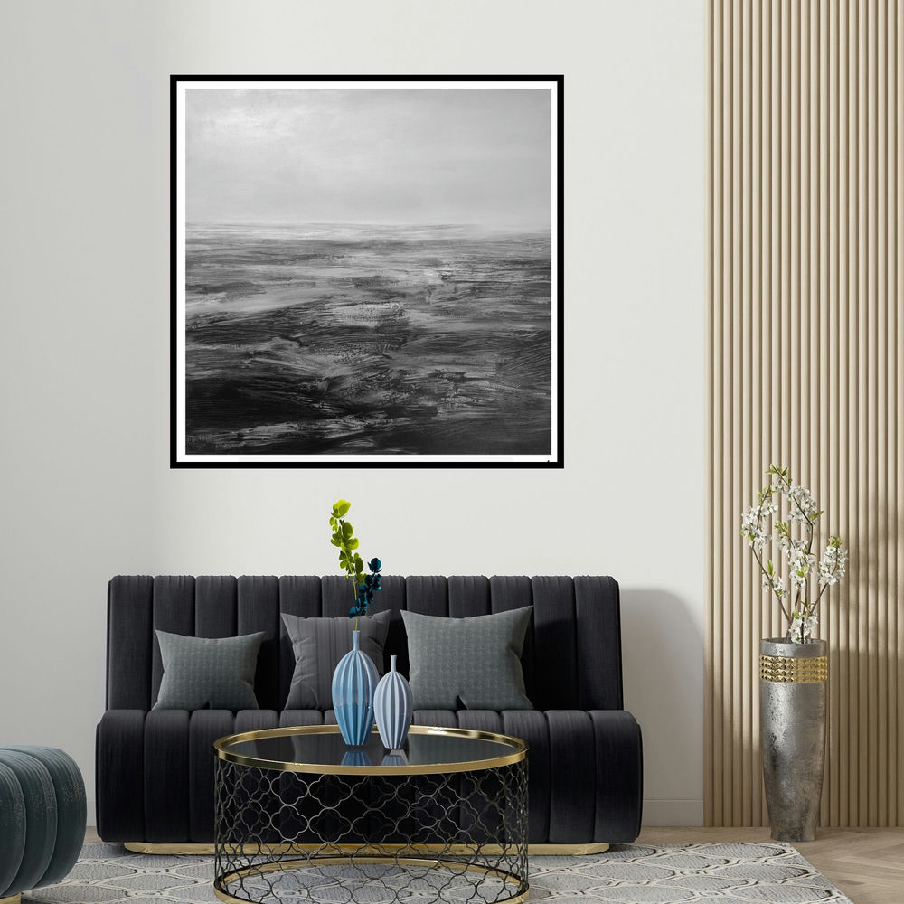 Manish Sharma's '4 (The Edge of Perception)' painting visualized above a sofa in a contemporary room.