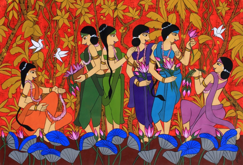 4 Flower Seller' figurative acrylic painting by artist Chetan Katigar, 38x54 inch, on canvas