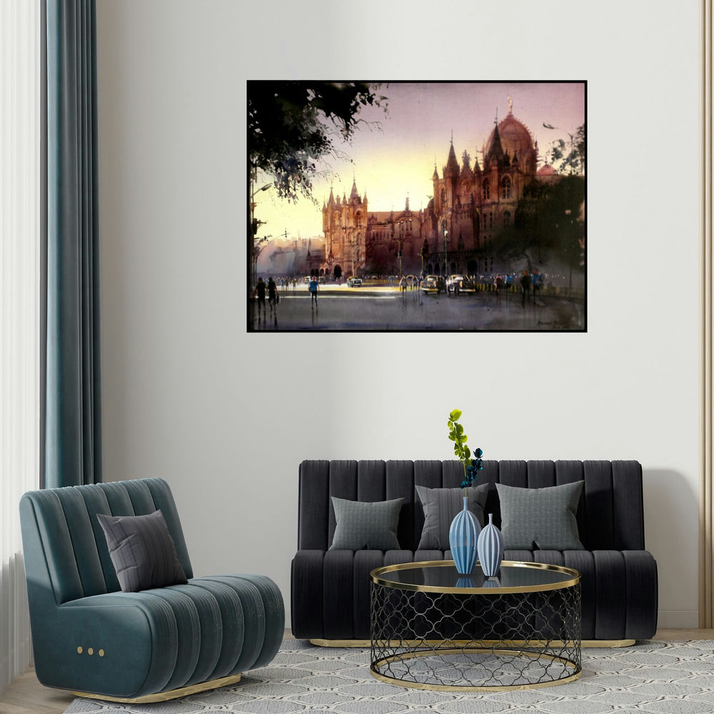 Bhuwan Silhare's '5 Pm Shadow' painting visualized above a sofa in a contemporary room.