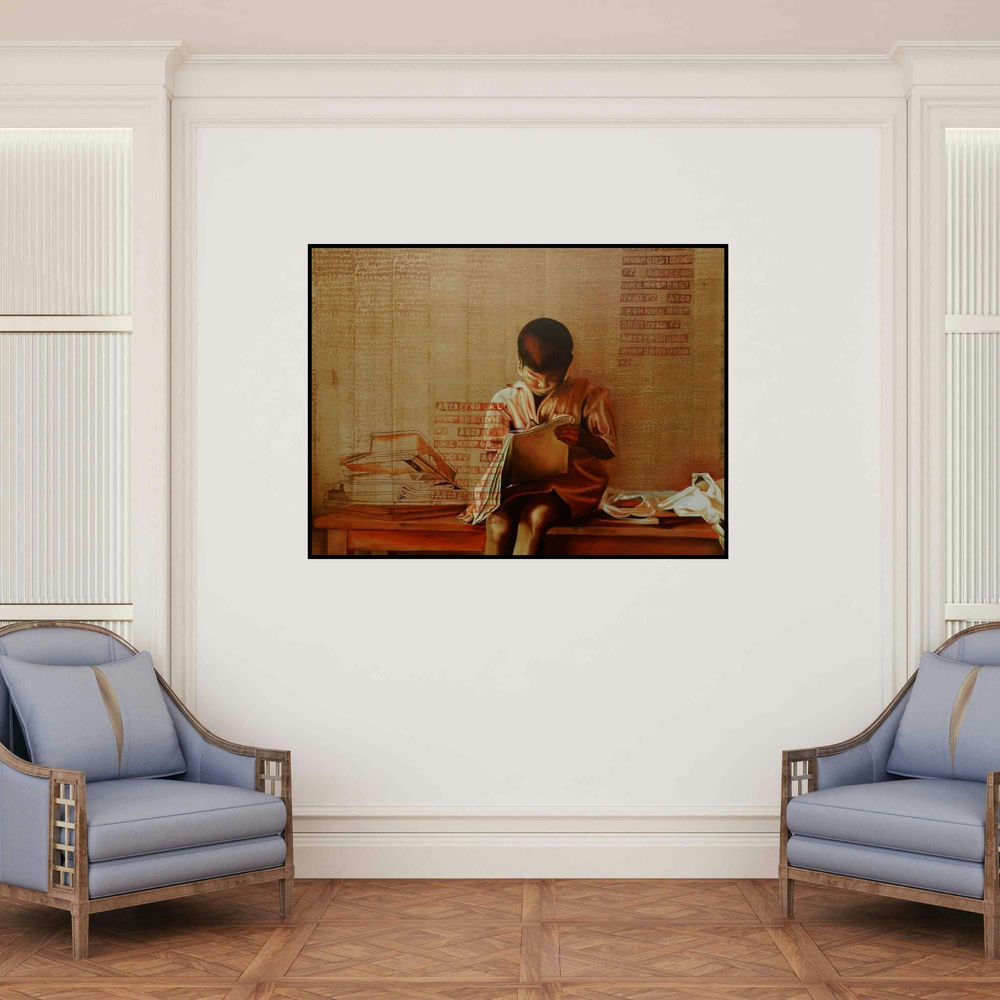 '8 Vidyardhi' painting by Rama Reddy shown on a wall in a furnished room.