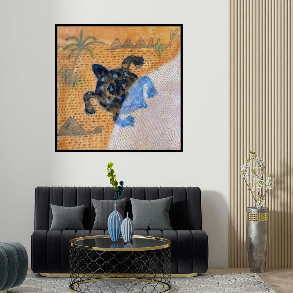 Santosh Pattar's '9 Avatars Media (Desert Dweller**)' painting visualized above a sofa in a contemporary room.