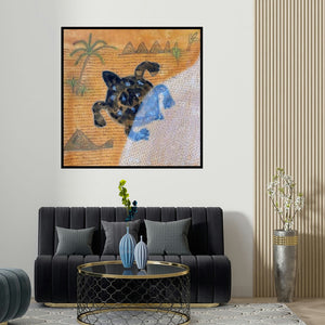 Santosh Pattar's '9 Avatars Media (Desert Dweller**)' painting visualized above a sofa in a contemporary room.