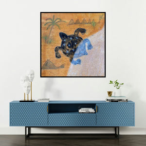 '9 Avatars Media (Desert Dweller**)' painting by Santosh Pattar shown on a wall in a furnished room.
