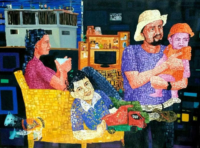 Figurative acrylic painting titled 'A Family', 36x48 inches, by artist Azizur Rahman on Canvas