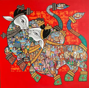 Religious acrylic painting titled 'A Spiritual Story', 36x36 inches, by artist Vivek Kumavat on Canvas